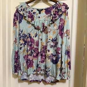 NWT 3X Lauren Ralph Lauren Floral Ruffle V-Neck Elastic Cuff Long Sleeve Blouse